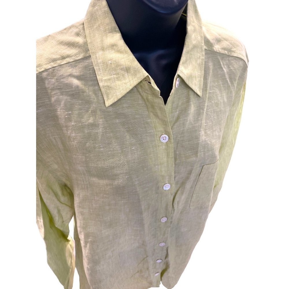 Tommy Bahama Bright Green Linen Long Sleeve Button Down Blouse - Picture 4 of 10
